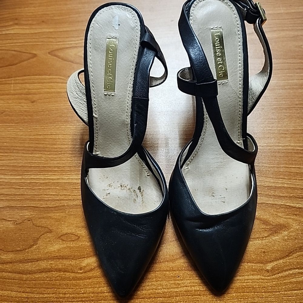 Louise et Cie Johanna Black Leather Cross-over Pumps PointedToe Heels Womens 8.5